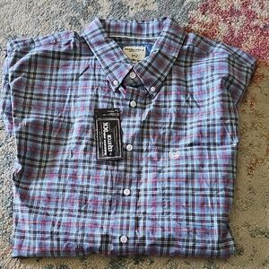 Men's Casual Button Down Shirt - Blue and Red Plaid